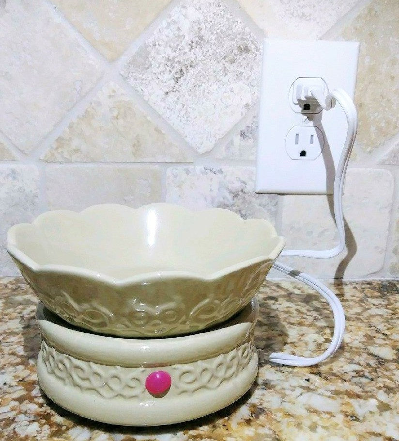 Embossed Ceramic Electric Wax Melter & Candle Warmer 2in1 (Ivory)